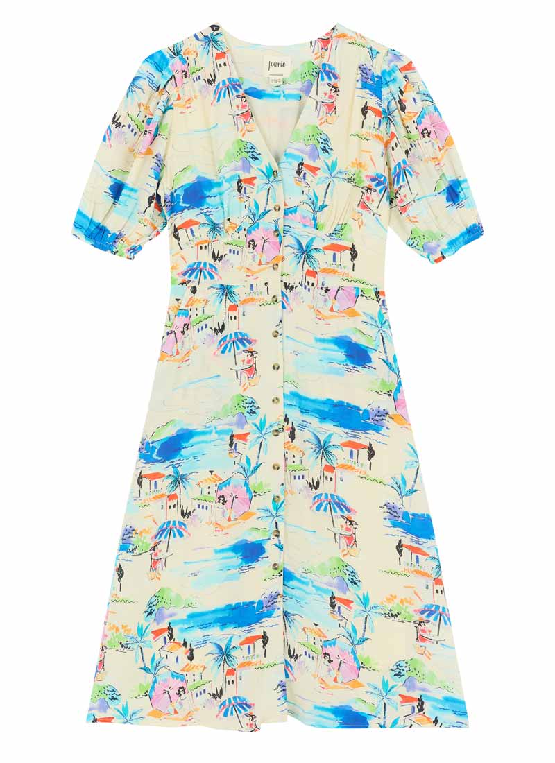 Rebecca Riviera Print Puff Sleeve Midi Dress (Blue)