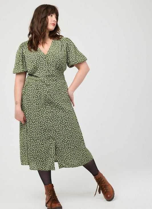 JoanieClothing Rebecca Sage Floral Print Puff Sleeve Midi Dress (Green)