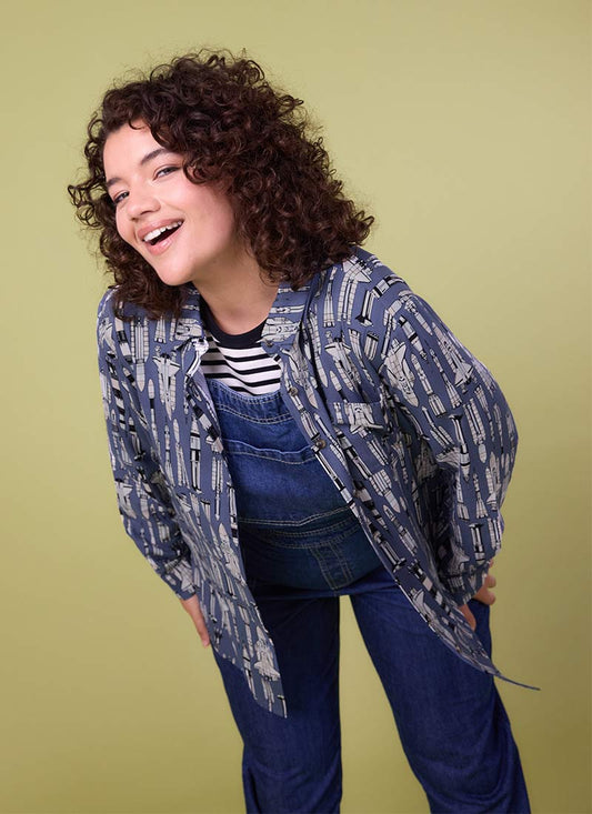 Sharon Rocket Print Oversized Shirt (Blue)