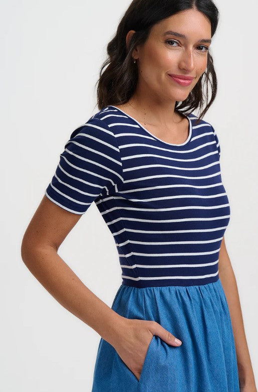 Rhian Jersey & Woven Mix Midi Dress - Navy/Off White