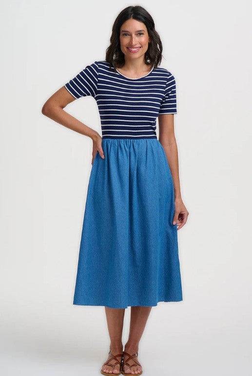 Midi dress with navy and white striped top and denim blue skirt.