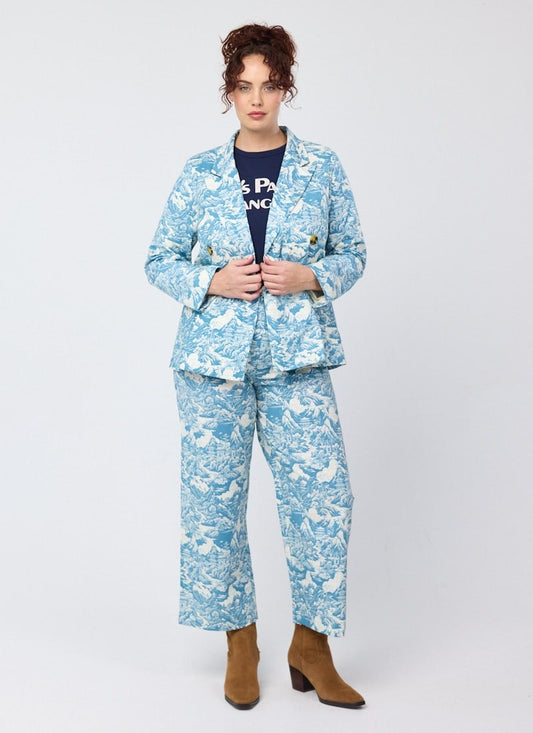 Pippa Ornamental Chinoiserie Print High Waist Trousers - Sustainable Organic Cotton (Blue)