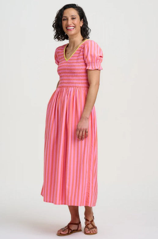 Ripley Shirred Midi Dress - Pink, Tropical Crush Stripe