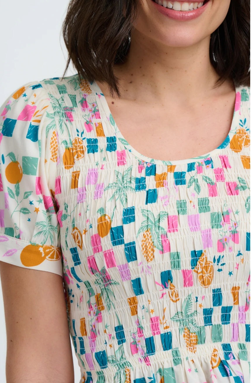 Molly Shirred Top - Off White, Fruit Checkerboard