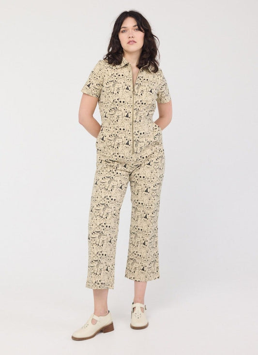 Robin Cat Print Short Sleeve Boilersuit (White)