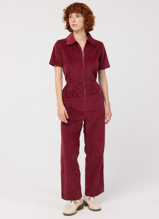 Robin Short Sleeve Corduroy Boilersuit - Burgundy (Red)