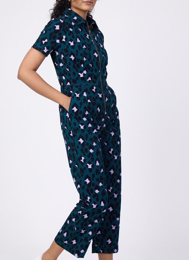 Robin Leopard Print Short Sleeve Boilersuit - Green