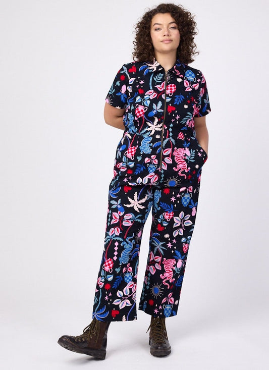 Robin Tropical Tiger Print Short Sleeve Boilersuit - Sustainable Organic Cotton (Black)