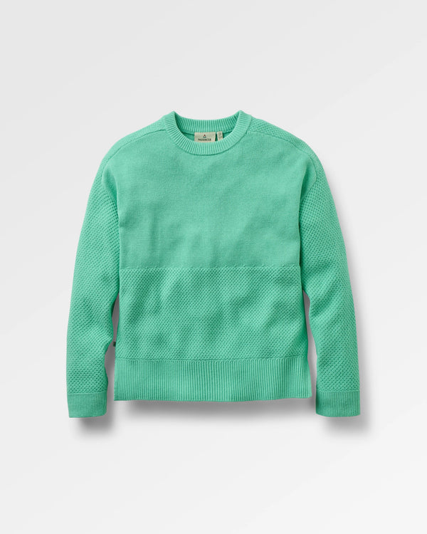 A mint green textured knit crewneck sweater displayed flat against a light grey background.