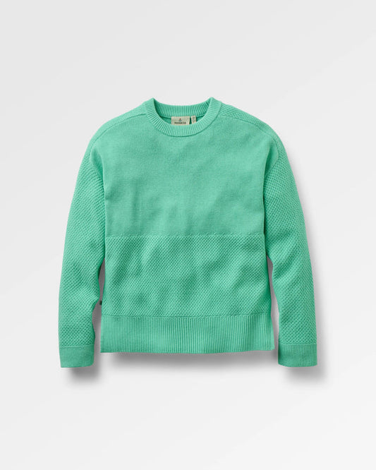 A mint green textured knit crewneck sweater displayed flat against a light grey background.