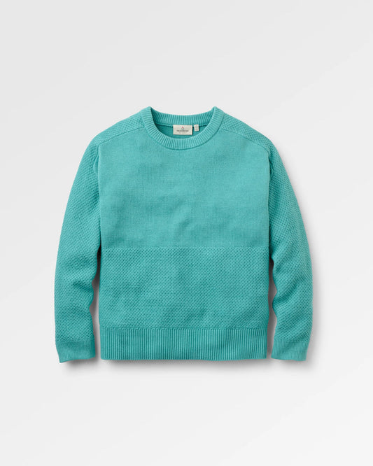 A turquoise knit crewneck sweater with a textured horizontal seam across the chest, displayed on a light grey background.