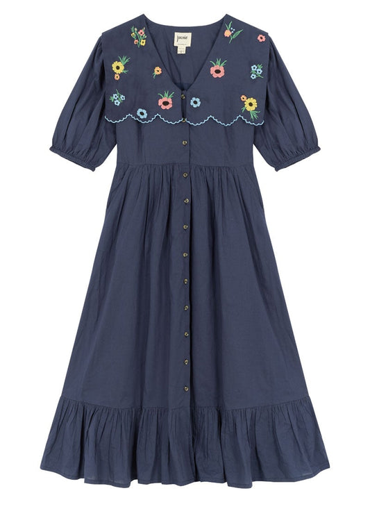 Sailor Embroidered Puff Sleeve Midi Dress - Sustainable Organic Cotton (Blue)