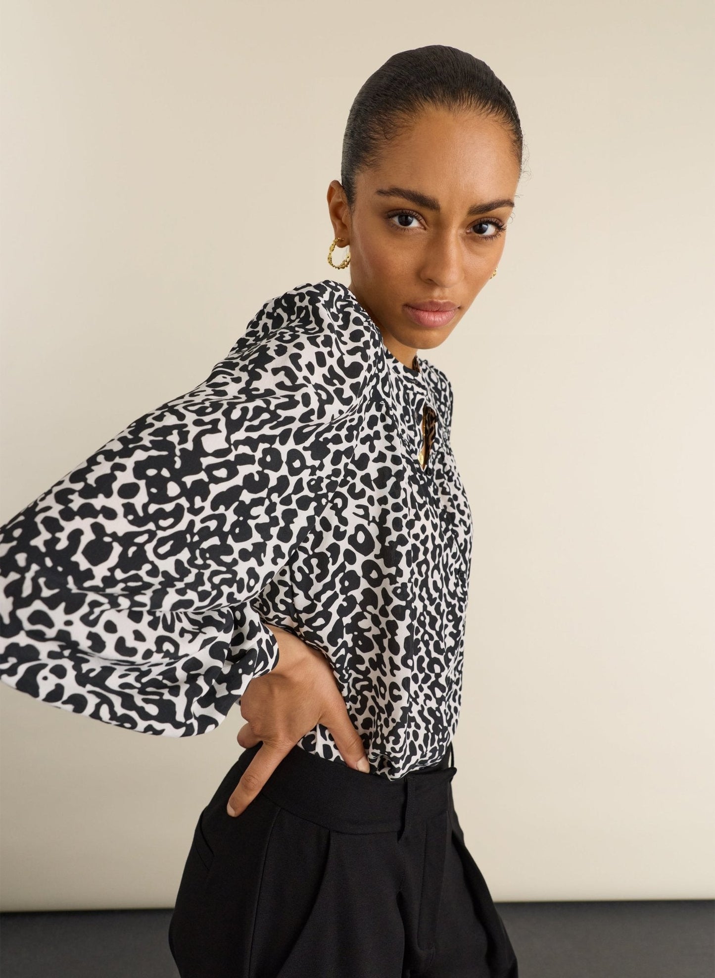 Sam Button Down Blouse - Black & White Leopard