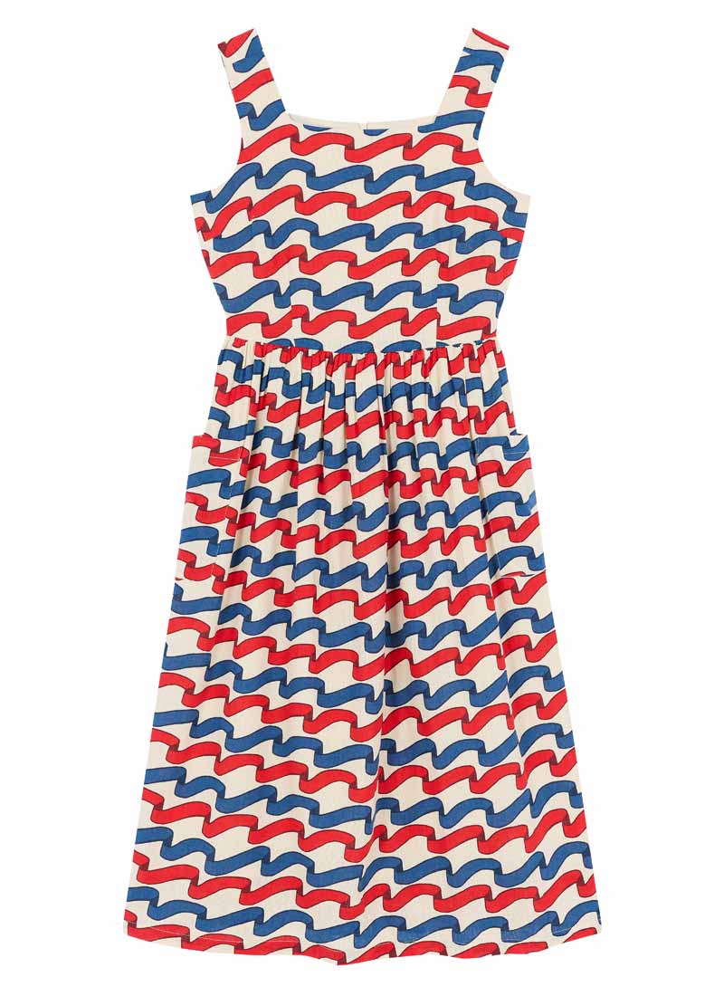Sandy Square Neck Ribbon Stripe Print Midi Dress (Blue)