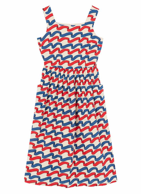 Sandy Square Neck Ribbon Stripe Print Midi Dress (Blue)