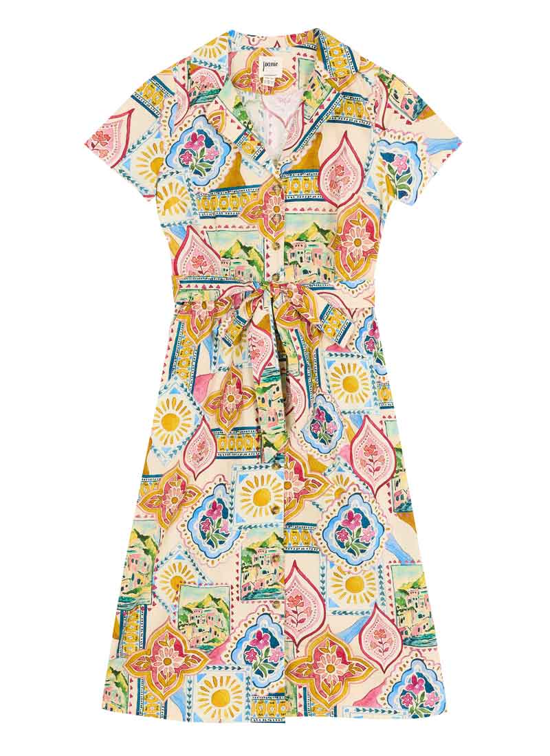 Santorini Postcard Print Belted Midi Dress - Sustainable Organic Cotton (White)