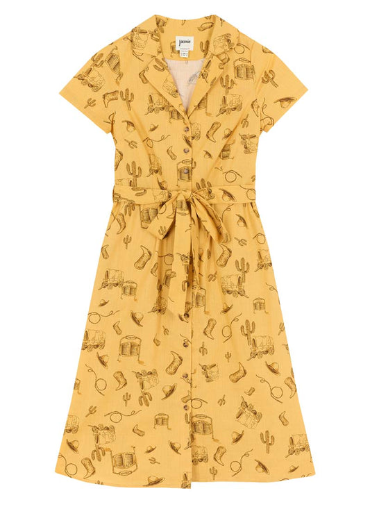 Santorini Western Rodeo Print Belted Midi Dress - Sustainable Organic Cotton (Yellow)