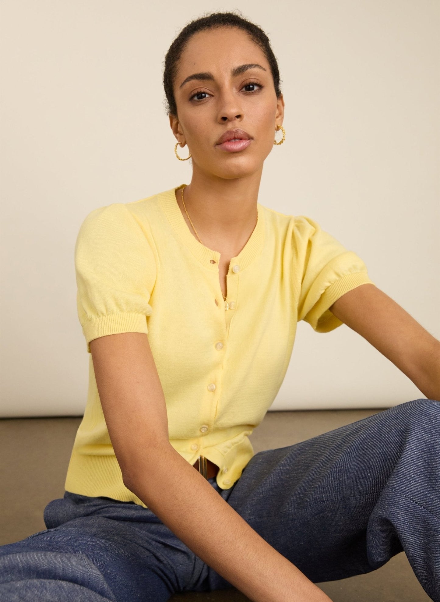 Sasha Organic Cotton Short Sleeve Cardigan - Butter Yellow