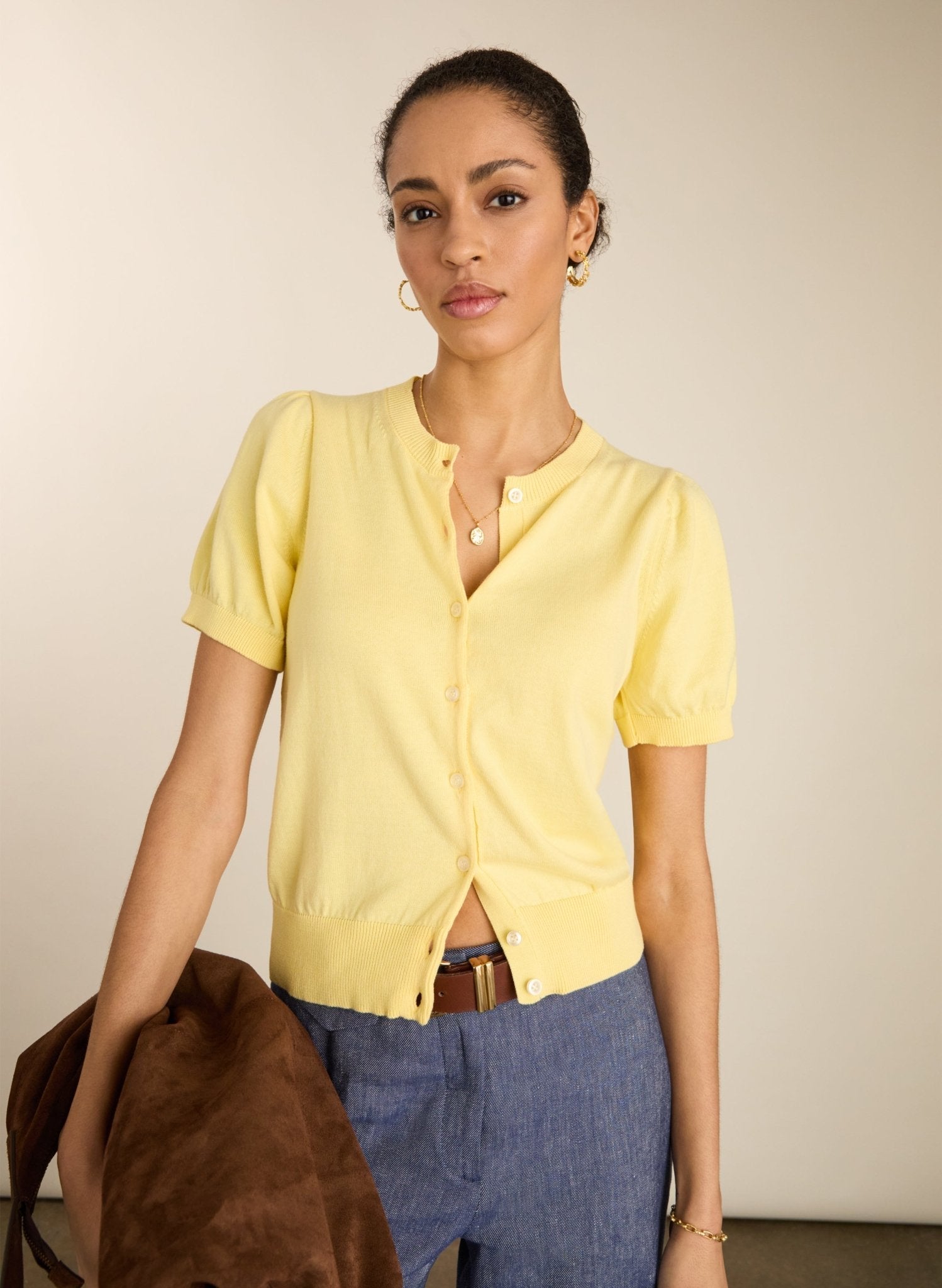 Butter yellow short sleeve organic cotton cardigan.