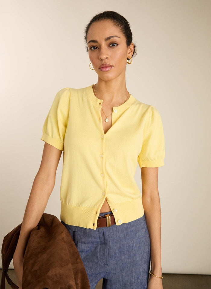 Butter yellow short sleeve organic cotton cardigan.
