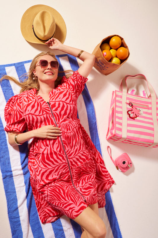 Pink & Red Palm Print Zip-Front Dress