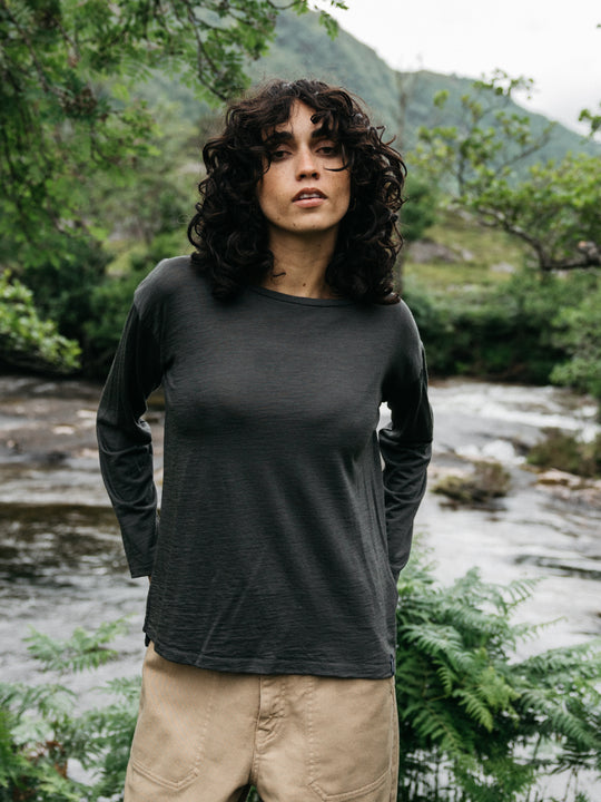 Soft black long-sleeved merino baselayer.