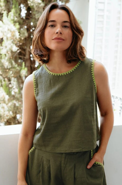 Olive linen tank top with decorative stitching.