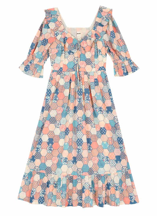 Serenity Patchwork Print Prairie Dress - Pink