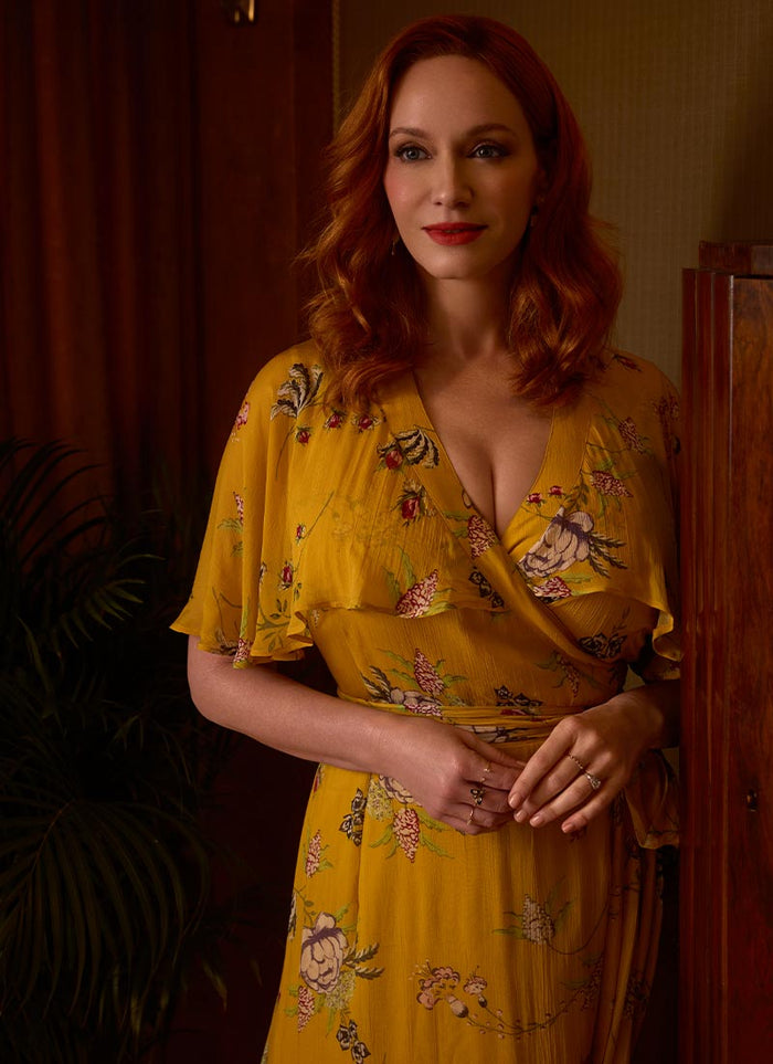 Christina Hendricks X Joanie - Honeysuckle Gold Floral Cape Sleeve Wrap Dress