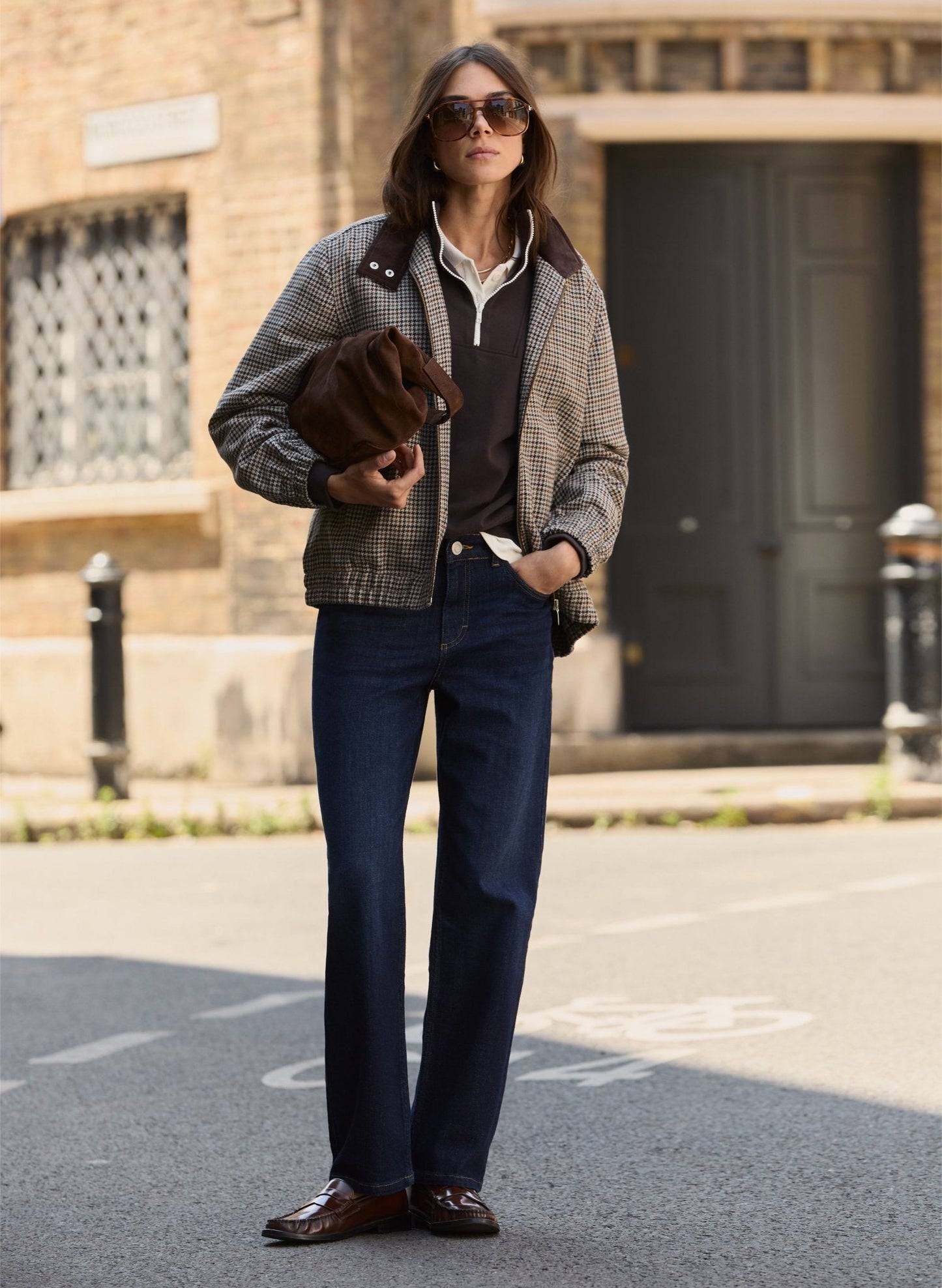 Sibel Wool Blend Tailored Bomber / Neutral Puppytooth Check
