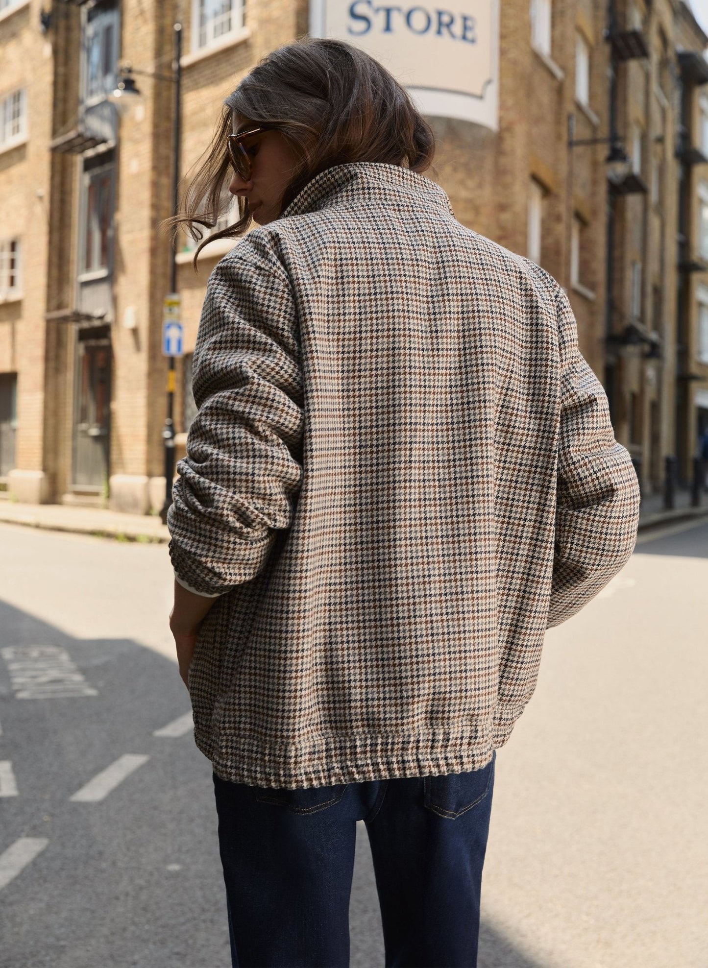 Sibel Wool Blend Tailored Bomber / Neutral Puppytooth Check
