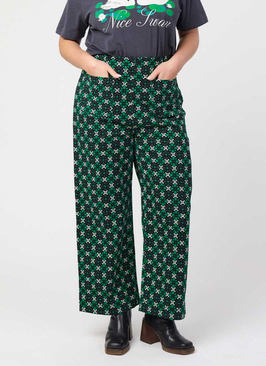 Pippa Green Geometric Print High Waist Trousers - Sustainable Organic Cotton (Green)