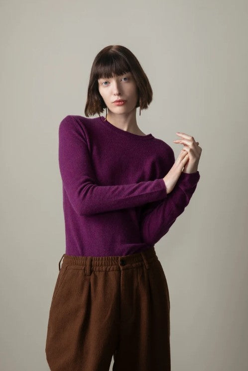 Deep berry plum crewneck cashmere jumper.