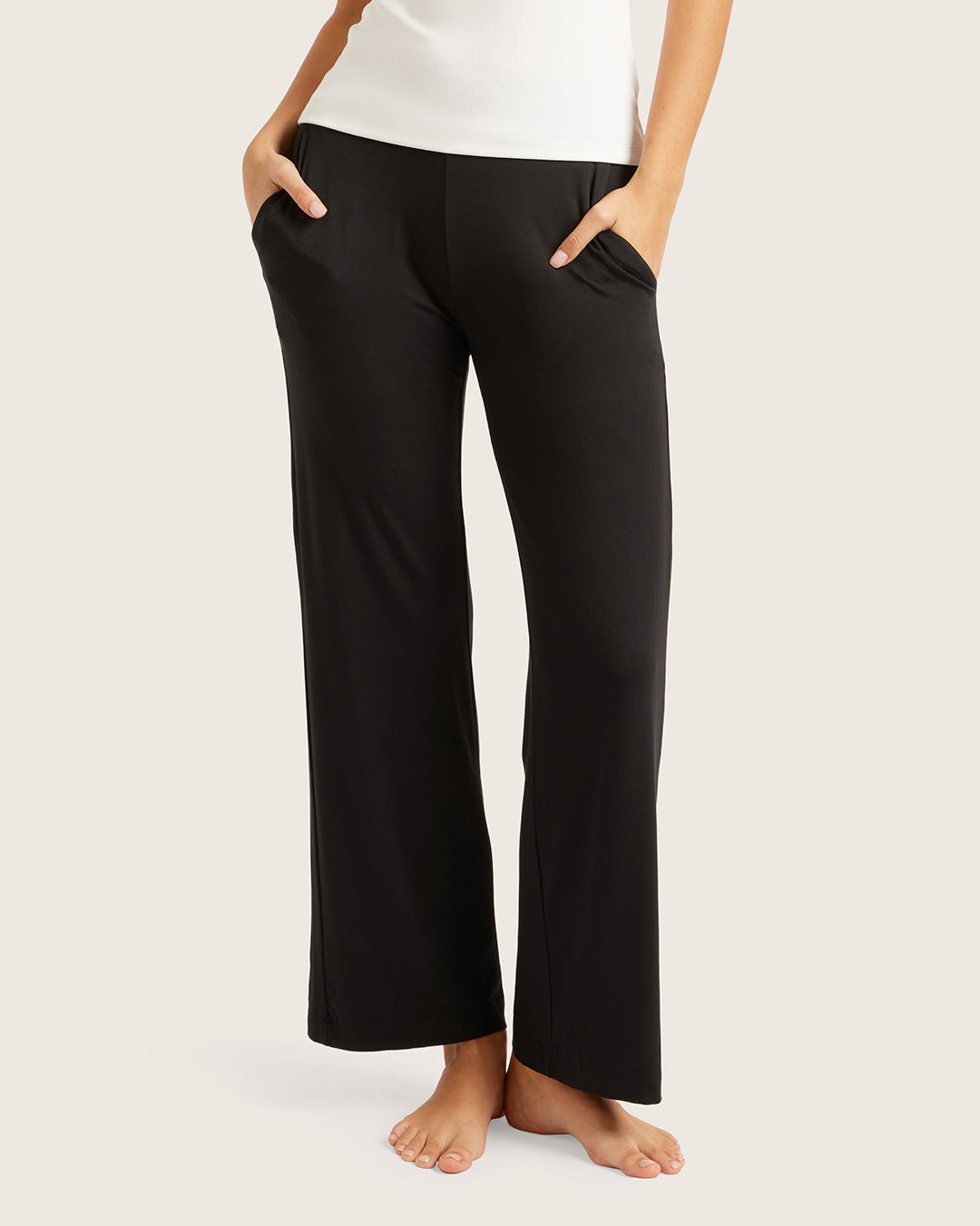 Black bamboo fabric wide leg lounge pant by Boody.