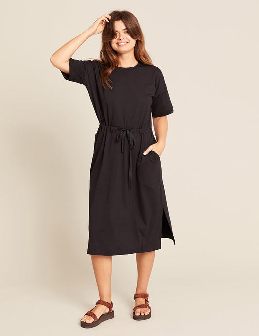 Black T-shirt tie waist dress in bamboo fabric by Boody.