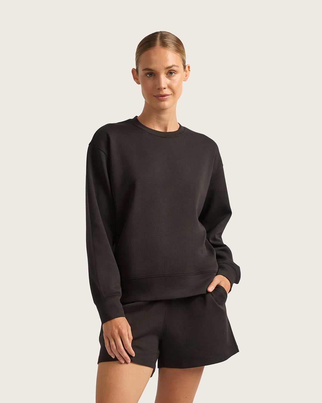 Black crew neck bamboo sweater by Boody.