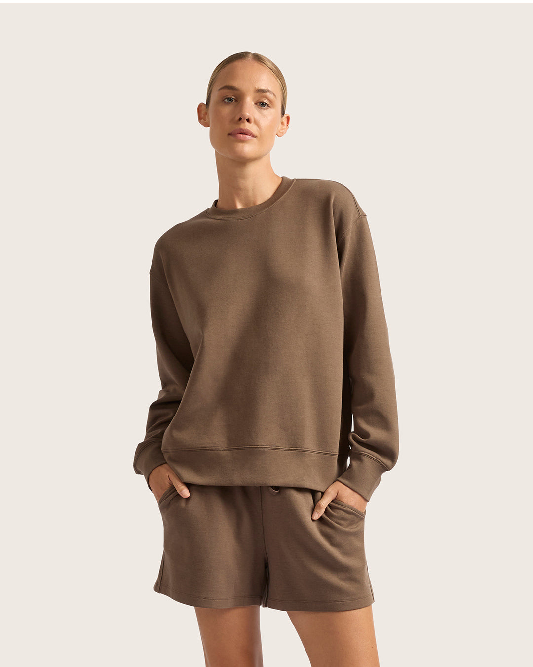 Soft brown bamboo crew neck activewear sweater by Boody.