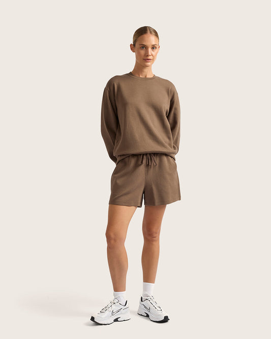Soft brown bamboo jogging shorts by Boody.