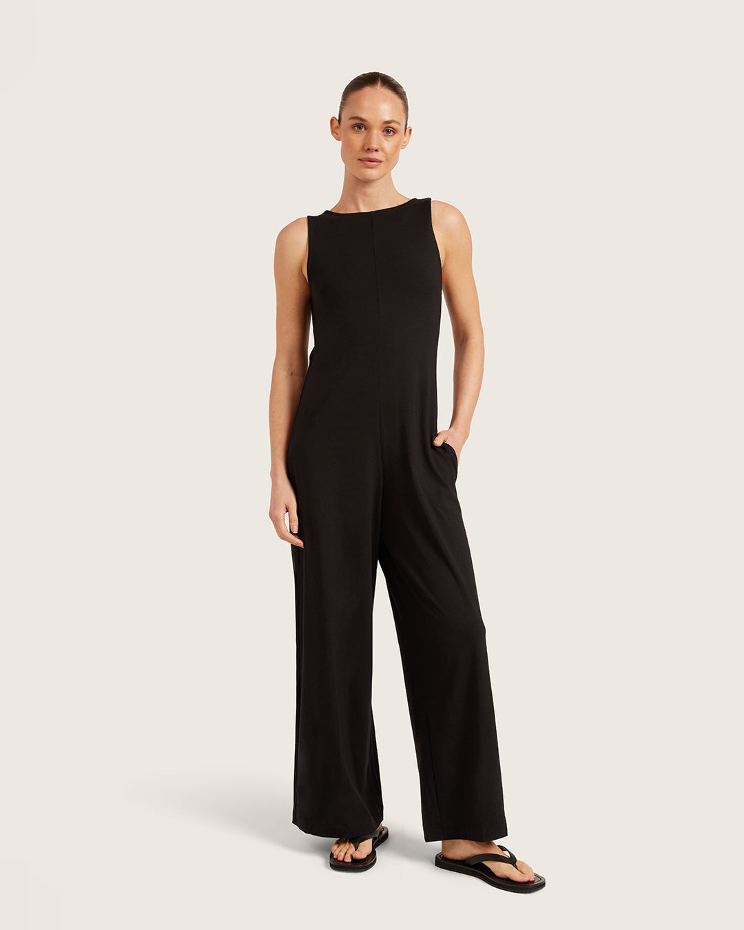 Black bamboo boat neck jumpsuit from Boody.