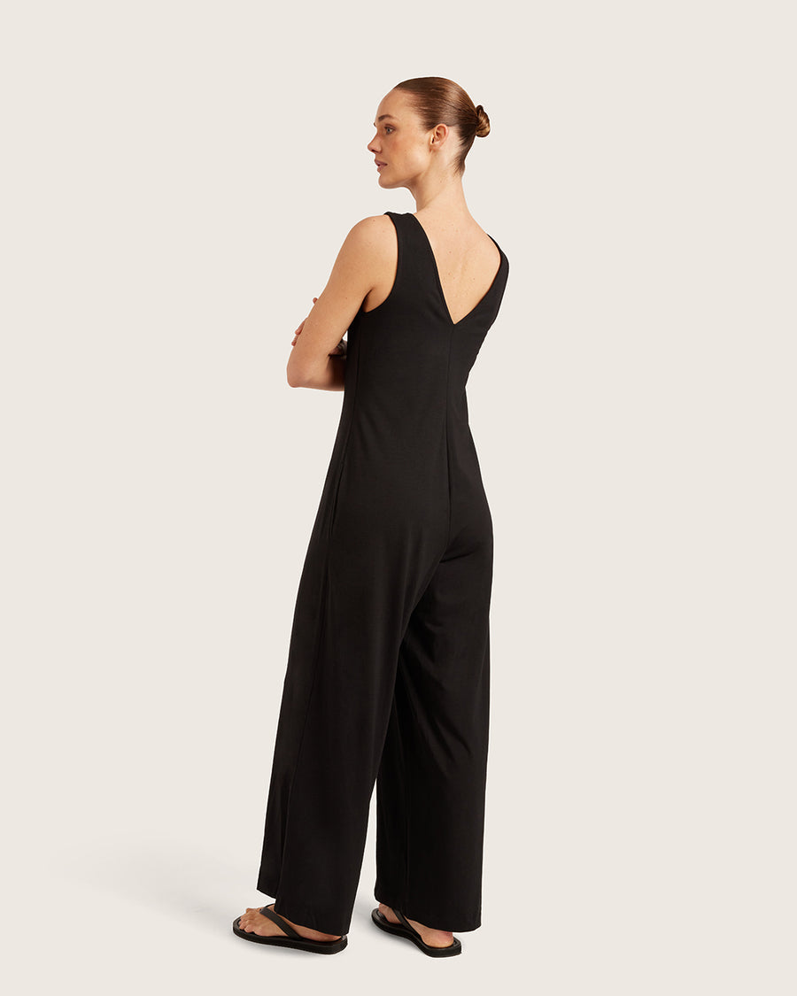 Women's Bamboo Boat Neck Jumpsuit - Black