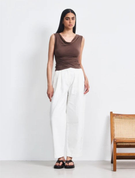 Draped vest top in mocha brown.