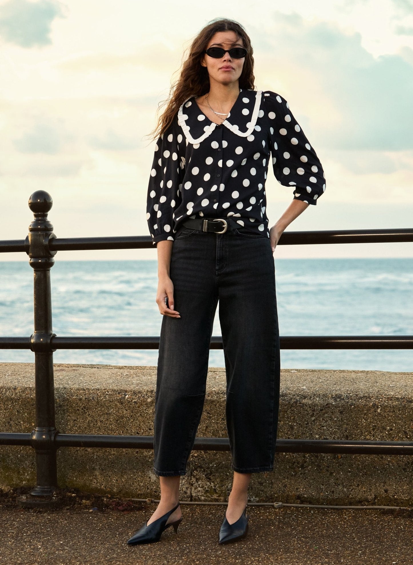 Sosha Printed Collar Detail Blouse / Black Polka Dot Print