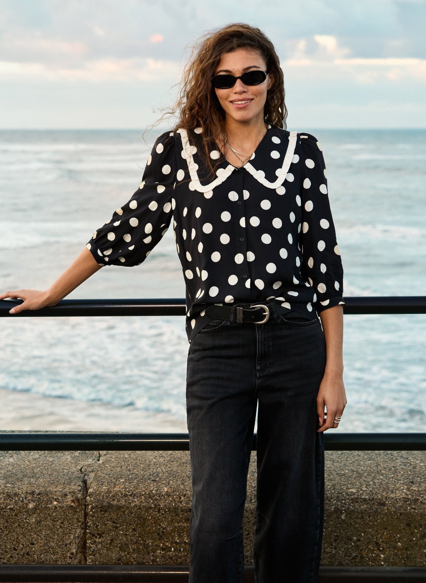 Sosha Printed Collar Detail Blouse / Black Polka Dot Print