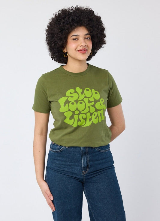 Splink Stop Look & Listen Slogan Tee - Sustainable Organic Cotton (Green)