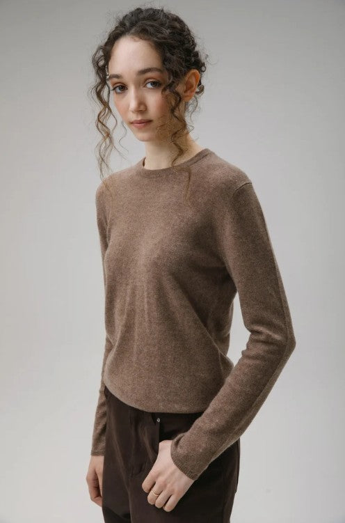 Brown crewneck cashmere jumper.