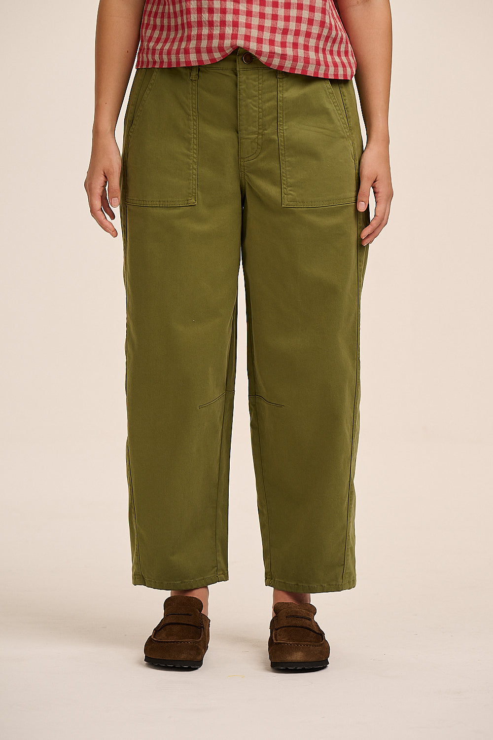 Olive green cotton cargo trousers.