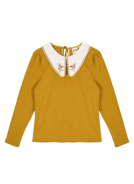 Suki Embroidered Collar Jersey Top - Mustard- Sustainable Organic Cotton