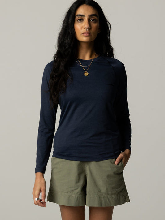 Navy blue recycled polyester UPF jersey top.