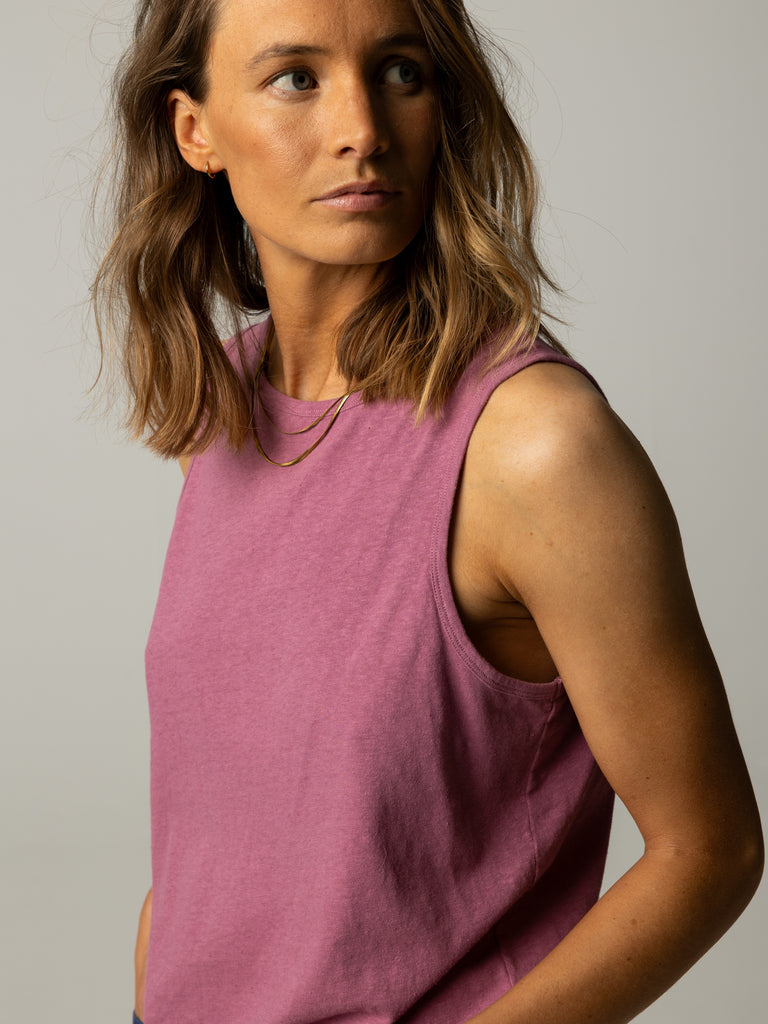 Dark rose pink hemp and cotton vest top.