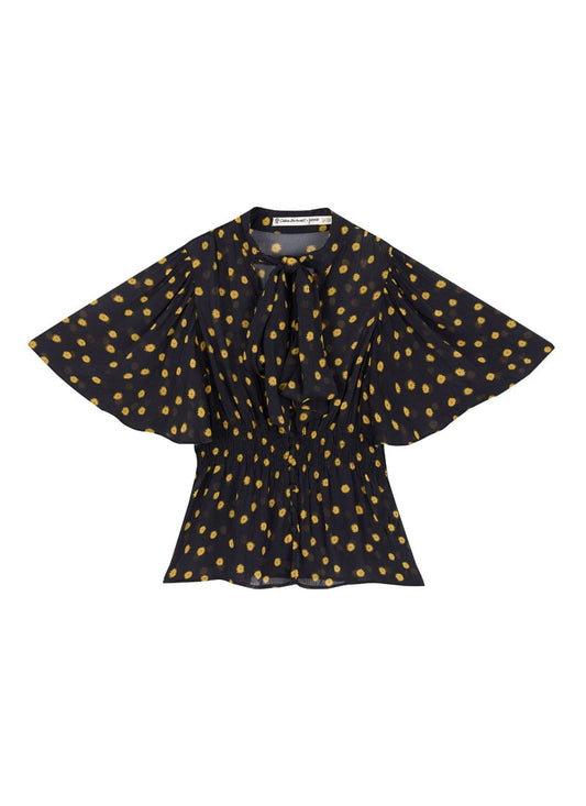 Celia BirtwelX Joanie - Sunfloral Sheer Angel Sleeve Pussy Bow Blouse (Black)